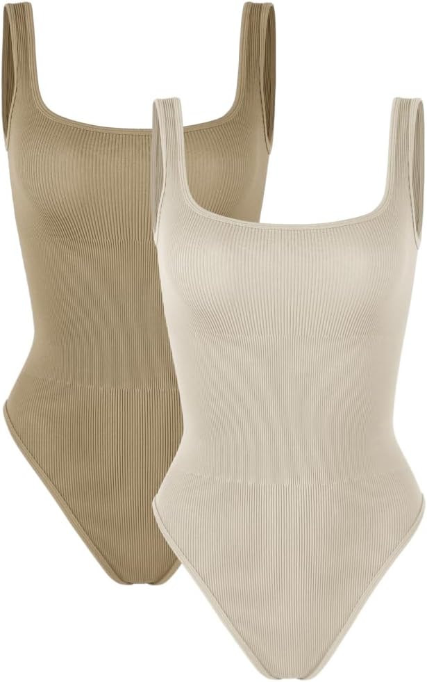 ODODOS 2 Pack Seamless Bodysuit for Women Ribbed Tank Top Sexy Sleeveless Bodysuits | Amazon (US)