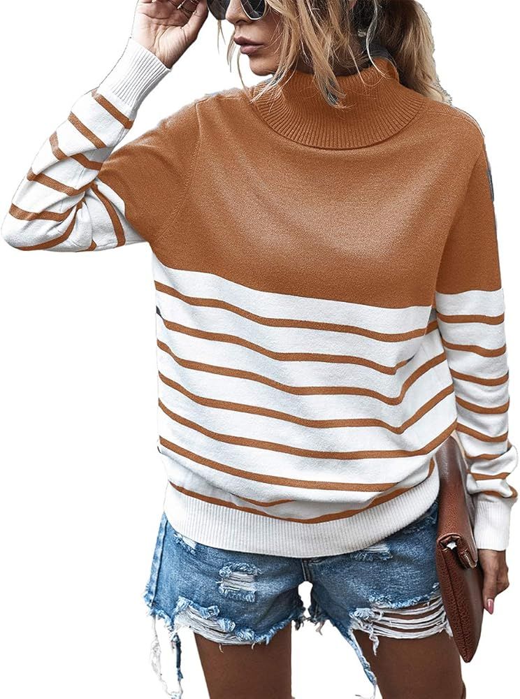 2020 Women’s Turtleneck Knitted Sweater Long Sleeves Stripe Color Block Patchwork Loose Ribbed ... | Amazon (US)