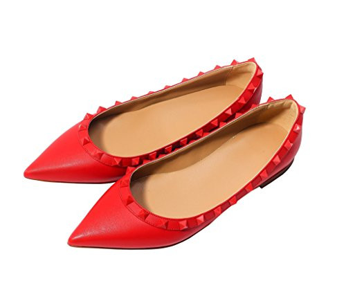 Katypeny Womens Rivet Stud Slip On Pointed Toe Loafers Flats Pumps Shoes Red Soft Leather 5.5 M US S | Amazon (US)