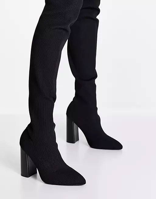 Public Desire Focus over the knee block heel boots in black knit | ASOS (Global)