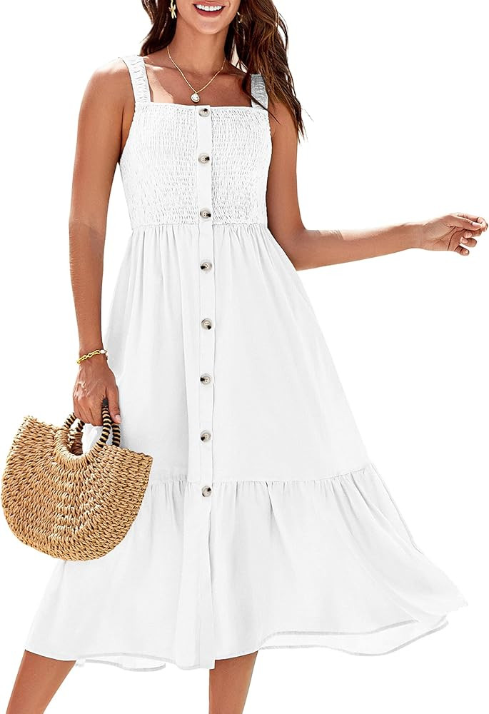 GRACE KARIN Womens Summer 2025 Midi Dress Spaghetti Strap Smocked Button Casual A Line Long Beach... | Amazon (US)