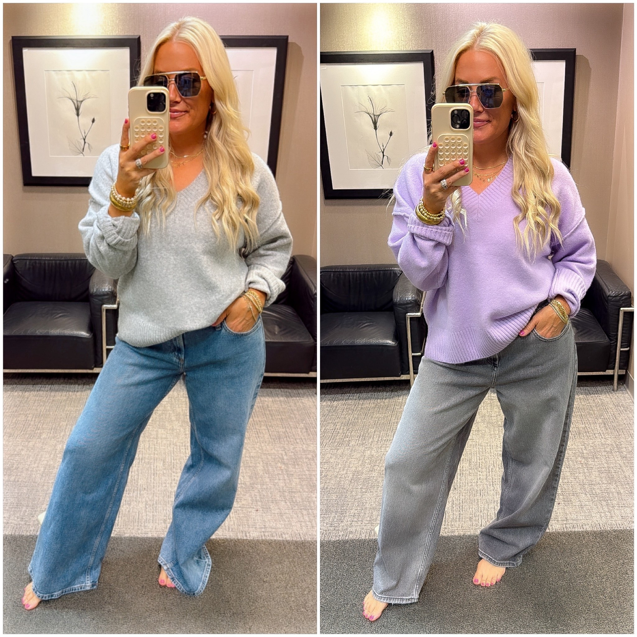 This whole look is all under $100’ such a steal and I love these jeans so much!
Size small in sweater..: size down in jeans 