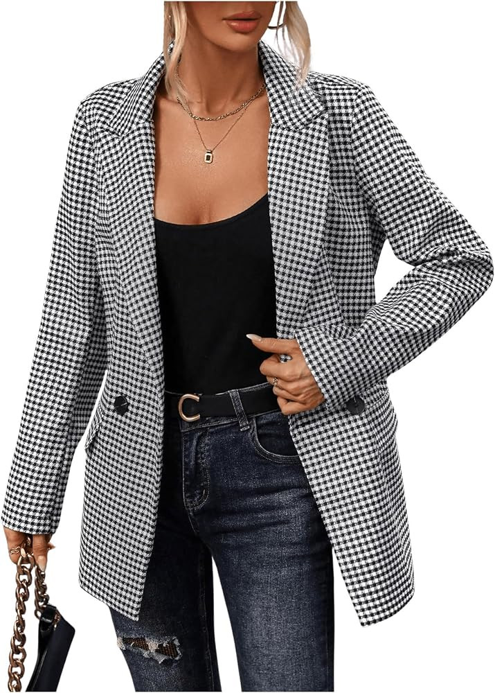 SweatyRocks Women's Casual Lapel Blazer Jacket Plaid Double Breasted Gingham Suit Coat | Amazon (US)