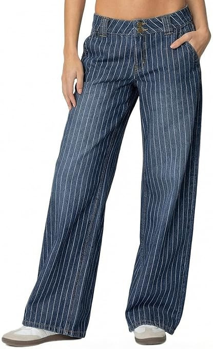 Women's Mid Rise Striped Baggy Barrel Jeans Wide Leg Denim Pants | Amazon (US)