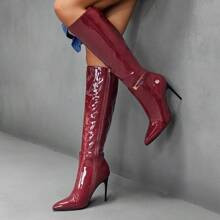 Pointed Toe Burgundy Stiletto High Heel Over-The-Knee Boots, Fashionable For Ladies, Sexy For Christmas, New Year Party & Dates For Christmas And New | SHEIN