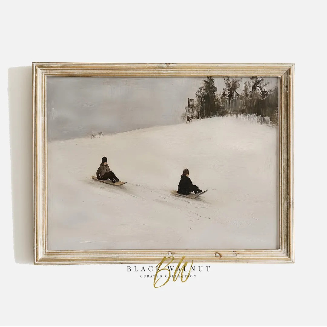 Printable Vintage Winter Print, Snowy Winter Scene Tobogganing Painting, Modern Farmhouse Neutral... | Etsy (US)