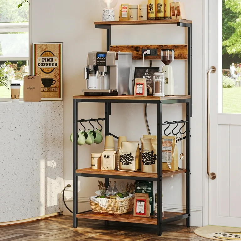 SUPERJARE Bakers Rack with Power Outlet, Kitchen Coffee Bar Table, Wood Microwave Stand Table wit... | Walmart (US)
