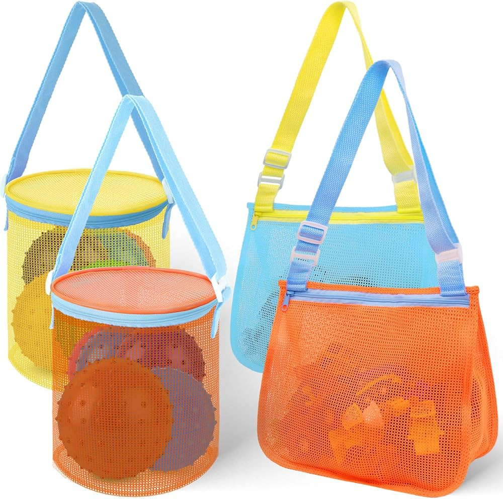Shindel 4PCS Shell Bags, Mesh Toy Bag Shell Collecting Bag Totes with Zipper Mesh Beach Bag Kids ... | Amazon (US)