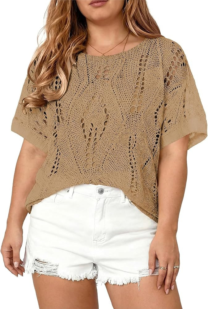 Eytino Women's Plus Size Crochet Hollow Out Half Sleeve Summer Sweater | Amazon (US)