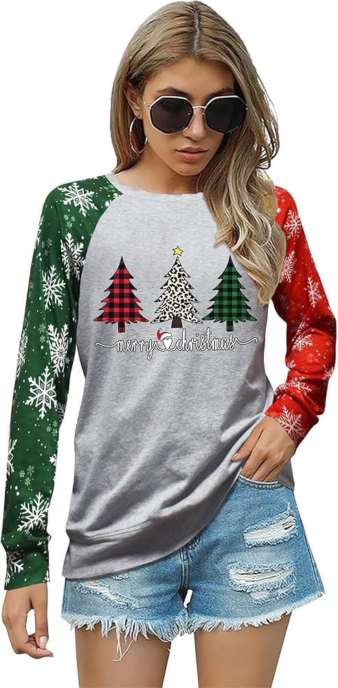 Christmas Shirts for Women: 2024 Fashion Color-Blocking Creativity Botany Cartoon Long-Sleeve Higher Quality Printed Shirt | Amazon (US)