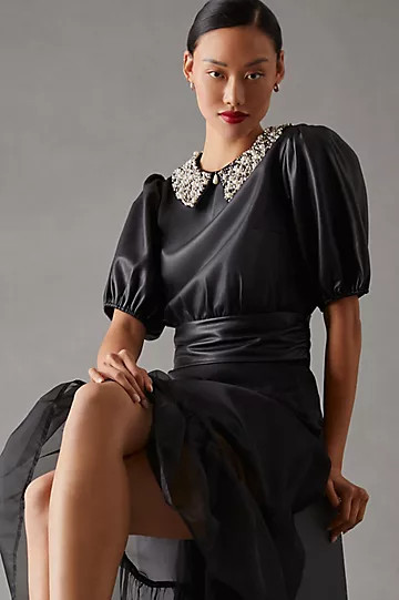 Maeve Faux Leather Puff-Sleeve Blouse | Anthropologie (US)