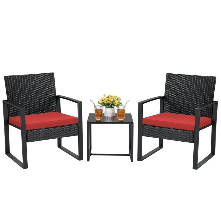 Lacoo 3 Pieces Patio Indoor Conversation Set Cushioned PE Rattan Bistro Chairs Set of 2 with Coff... | Walmart (US)