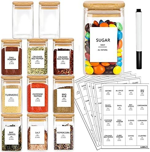 AISIPRIN 12 Pcs Glass Spice Jars with Bamboo Lids and 114 Labels - 9oz Mini Square Food Storage C... | Amazon (US)