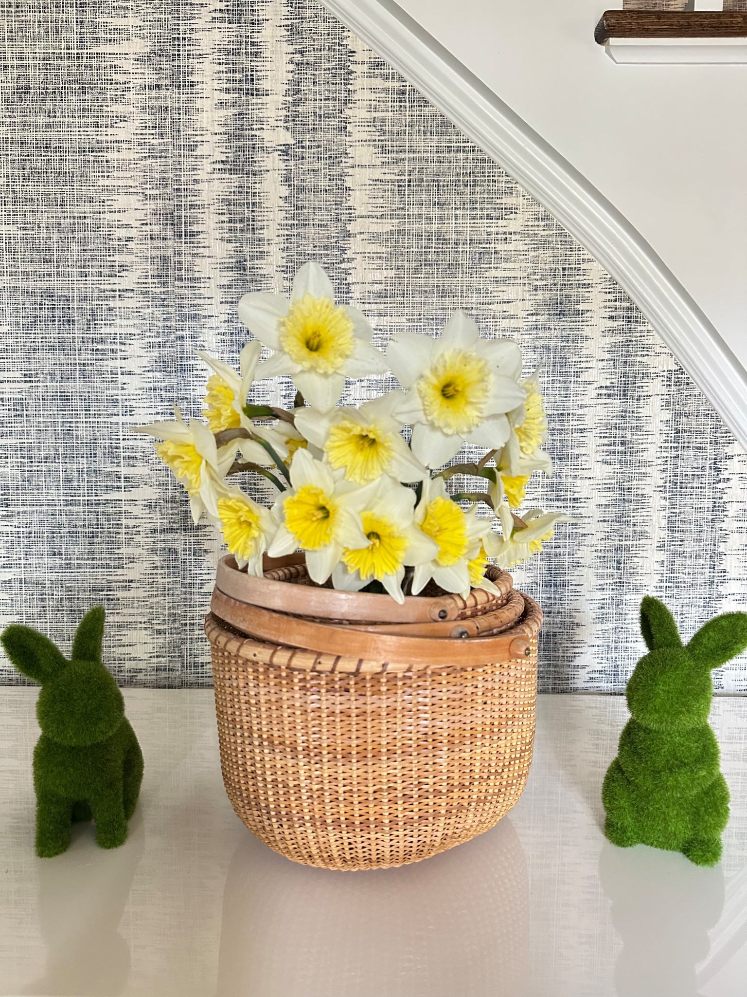 Easter decor! Use what you have to update your interiors for the season. Cut these daffodils straight from my garden. Have had these moss bunnies for years 