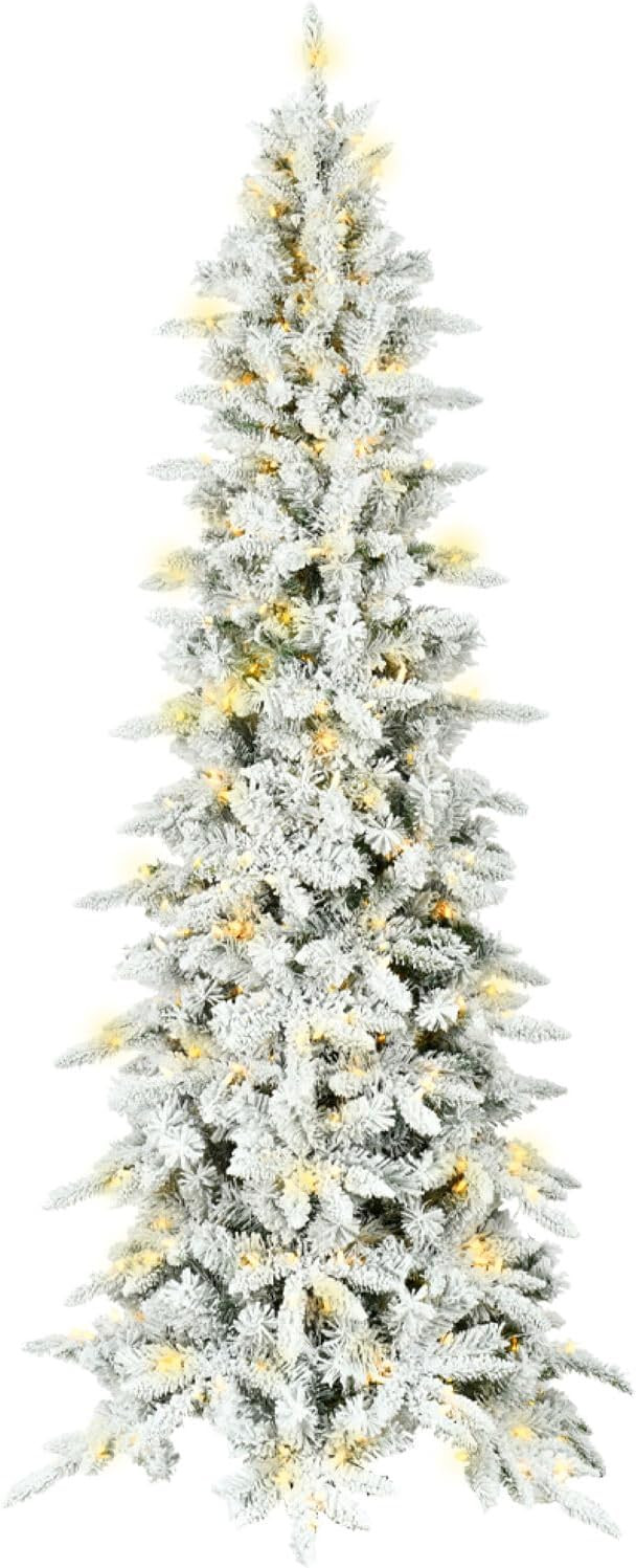 Fraser Hill Farm 6.5-Ft. Slim Mountain Pine Flocked Artificial Christmas Tree with Warm White LED... | Amazon (US)