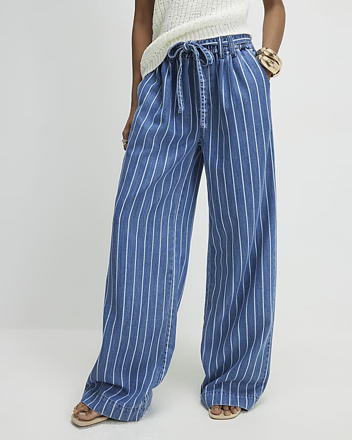 Blue Stripe Wide Leg Paperbag Jeans | River Island UK & IE
