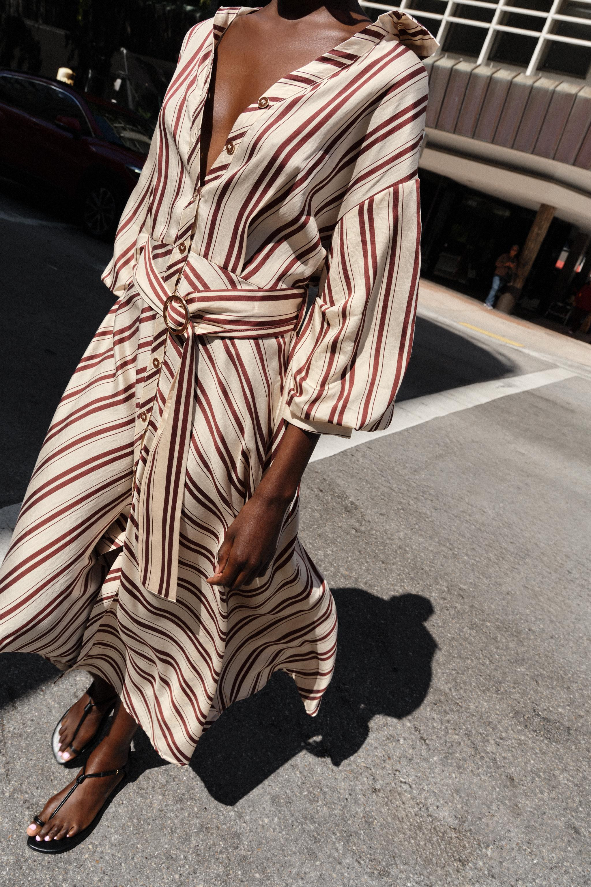 STRIPED MIDI DRESS WITH BELT | Zara UK