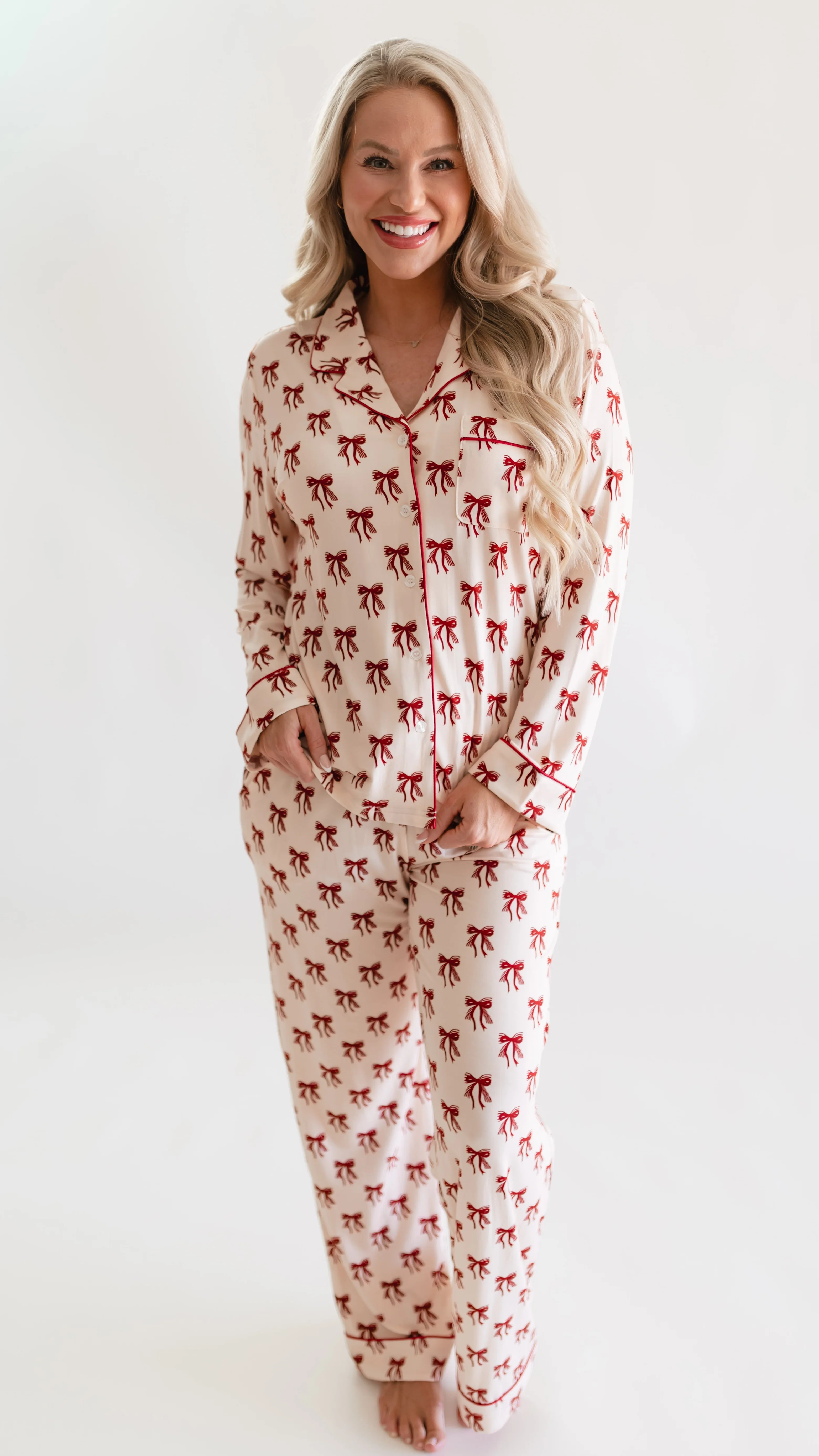 Women's Button Up Set In Christmas Bows | Silks Design