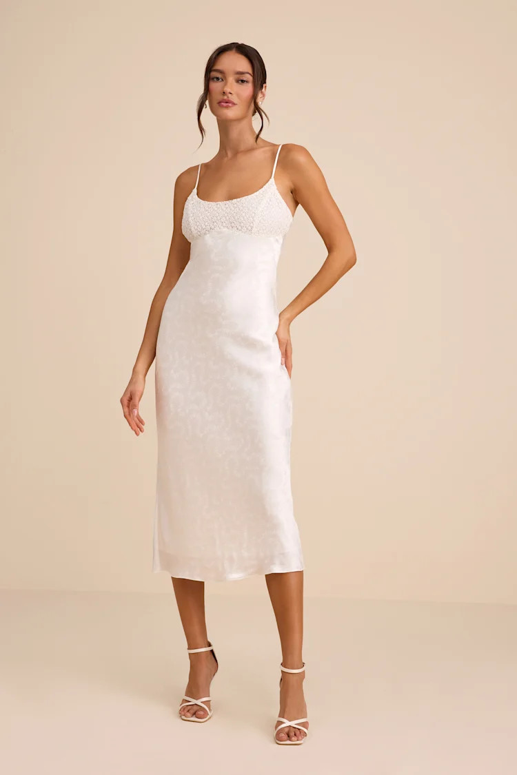 Benetta White Satin Lace Slip Midi Dress | Lulus