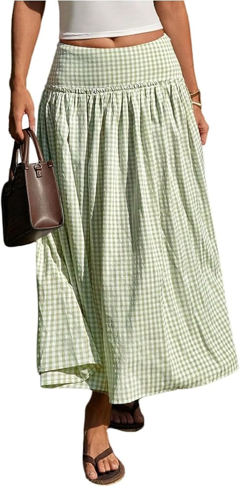 MakeMeChic Women's Plaid Gingham Maxi Long Skirt Ruffle A Line Skirt | Amazon (US)