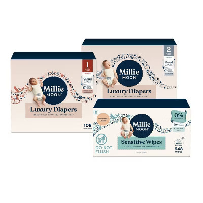 Millie Moon 96 Count/Size 2 Luxury Disposable Diapers + 108 Count/Size 1 Luxury Disposable Diapers + 648 Count Sensitive Baby Wipes | Target