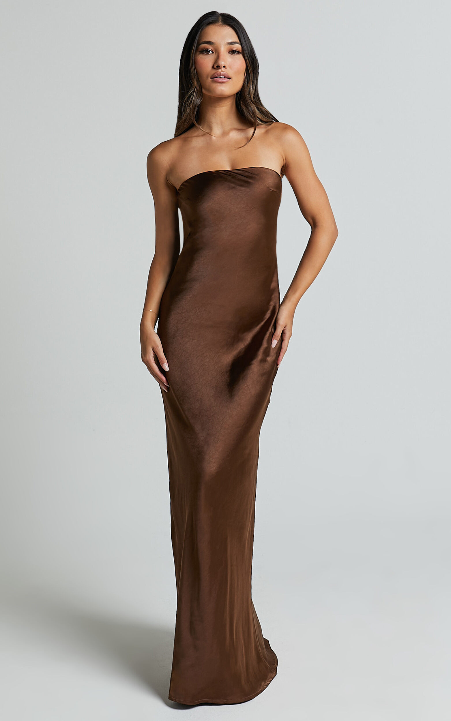 Charlita Maxi Dress - Strapless Cowl Back Satin Dress in Chocolate | Showpo (US, UK & Europe)