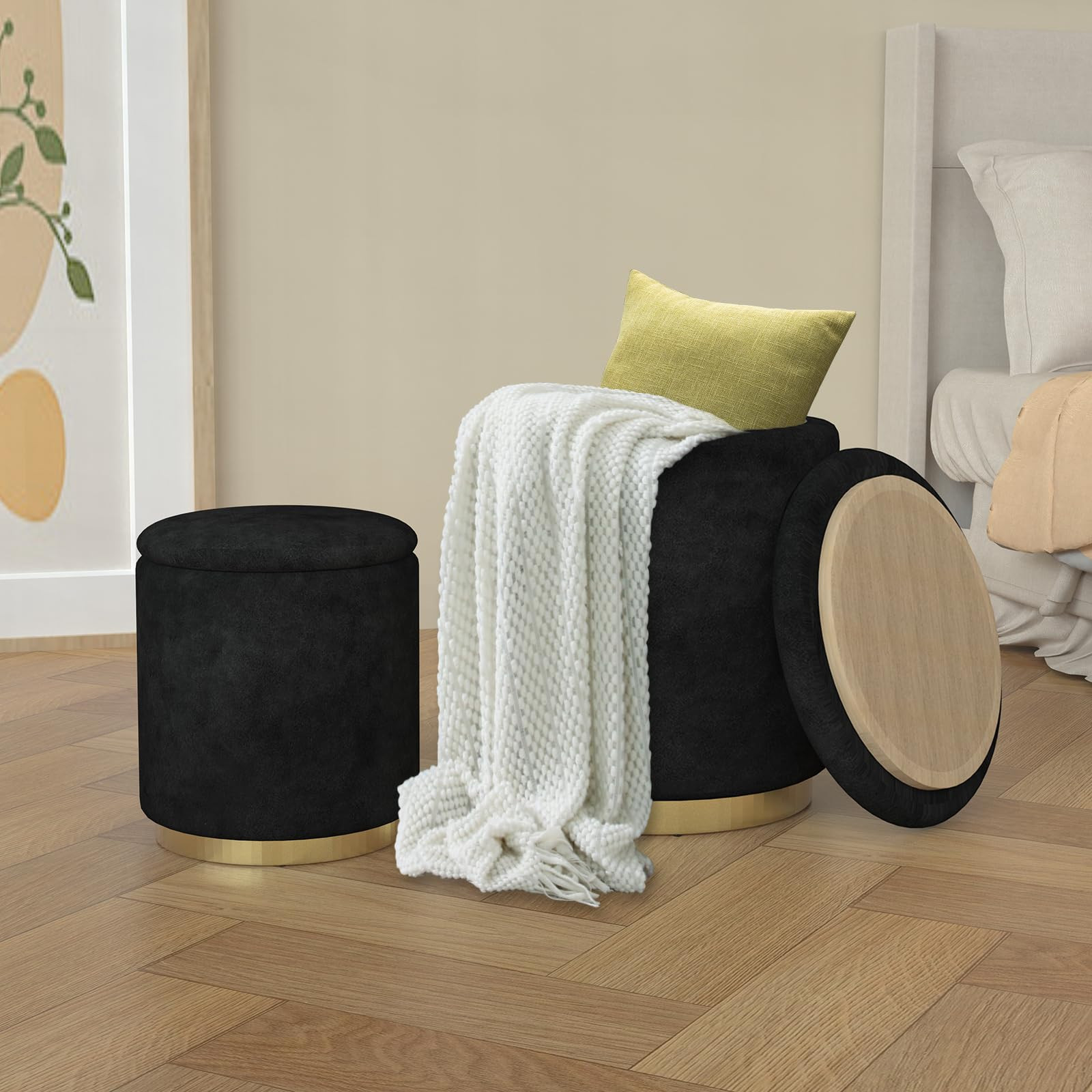 Black Round Ottoman with Storage Set of 2, Multifunctional Velvet Ottomans for Living Room as Mak... | Amazon (US)