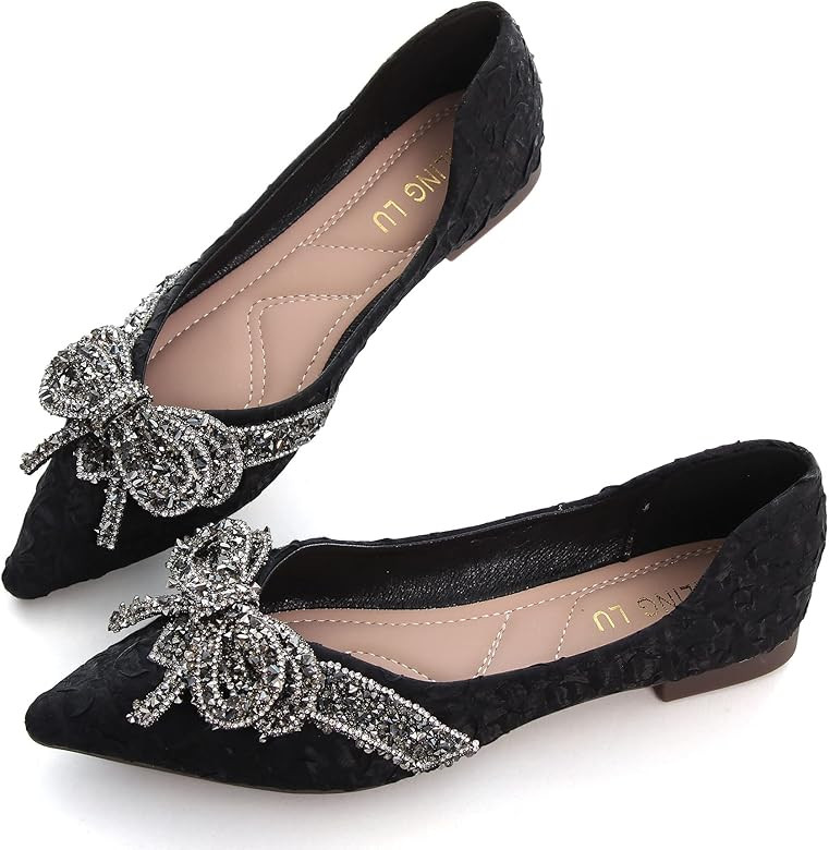 SAILING LU Cute Bowknot Ballet Flats for Women Pointed Toe Crystals Shoes Comfort Light Weight Loafe | Amazon (US)