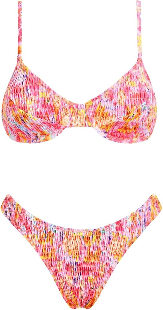 Women's Triangle Bikini Set Textured Frilled Smocked Ruched Push Up Swimsuit Two Piece Bathing Suit | Amazon (US)