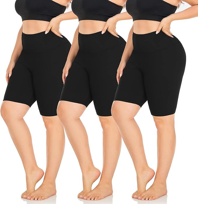 NEW YOUNG 3 Pack Plus Size 8" Biker Shorts for Women-High Waist Tummy Control Black Workout Spand... | Amazon (US)