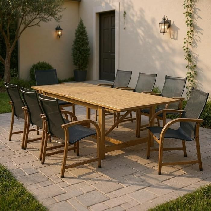 Amazonia Franklin 9-Piece Rectangular Extendable Patio Dining Set Teak Finish and Weather-Net Tec... | Amazon (US)