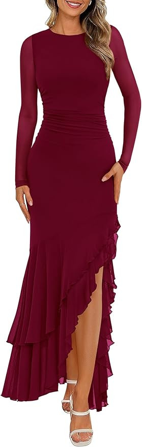 BTFBM Women's Maxi Dresses Fall 2025 Long Sleeve Ruched Bodycon Solid Ruffle Mermaid Cocktail Wed... | Amazon (US)