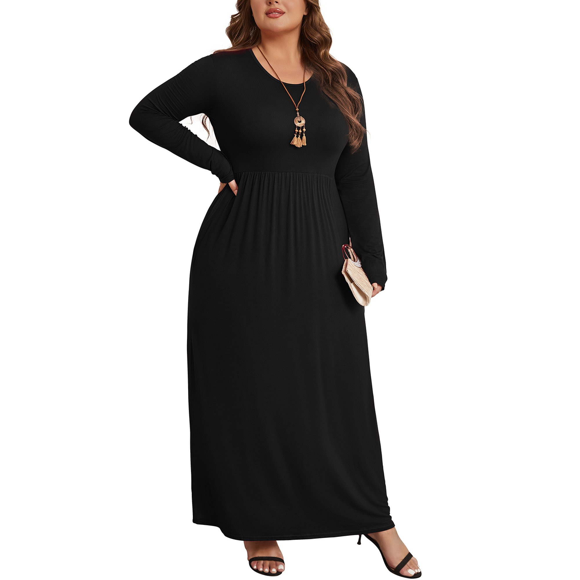 Mengpipi Women's Plus Size Casual Long Sleeve Dress Crewneck Loose Maxi Dress with Pockets 2X-5X | Walmart (US)
