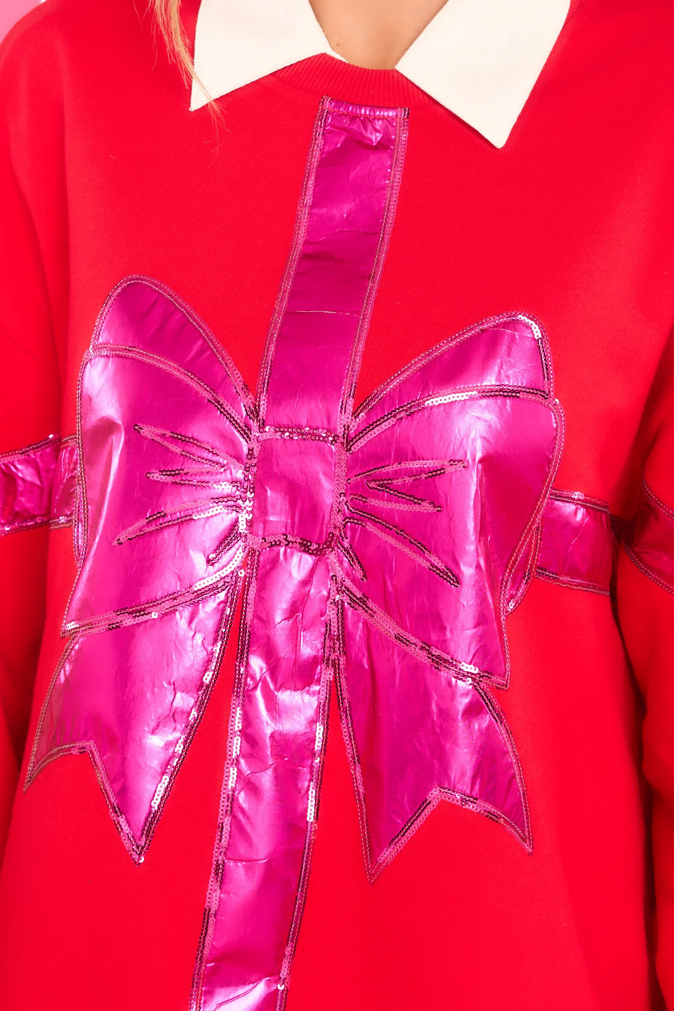 Red & Metallic Pink Bow Sweatshirt Dress | Red Dress 