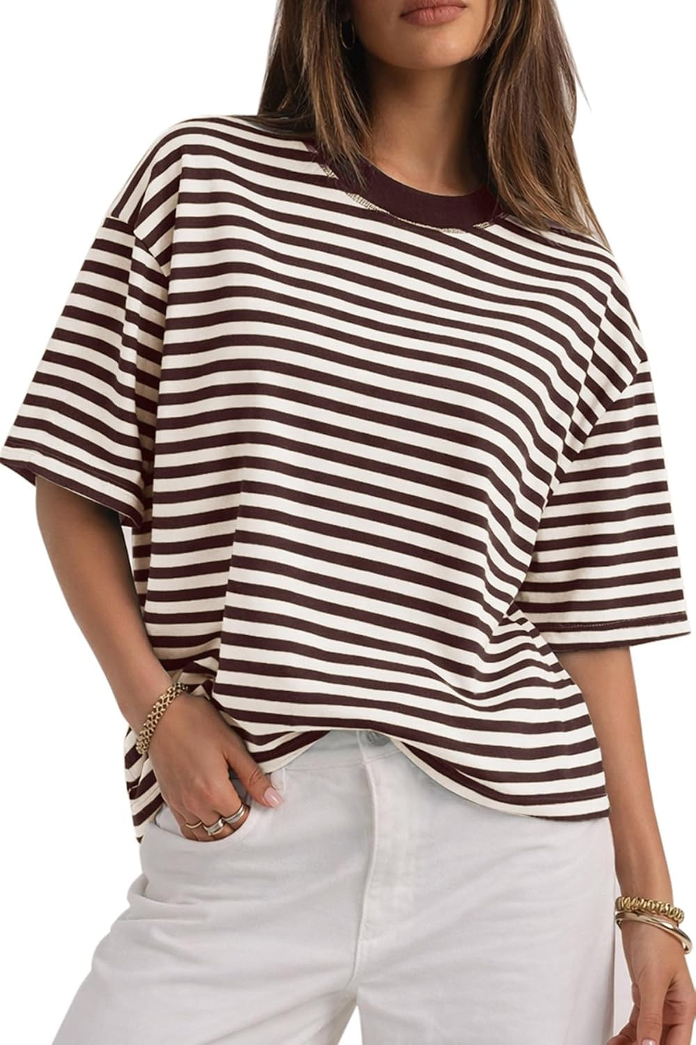 CHYRII Womens Oversized Striped T Shirts Short Sleeve Fashion 2026 Casual Crewneck Summer Y2K Clothes | Amazon (US)
