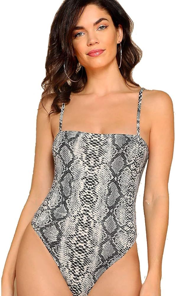 Milumia Women Open Back Snakeskin Form Fitted Cami Bodysuit Sexy Jumpsuit Romper Top | Amazon (US)