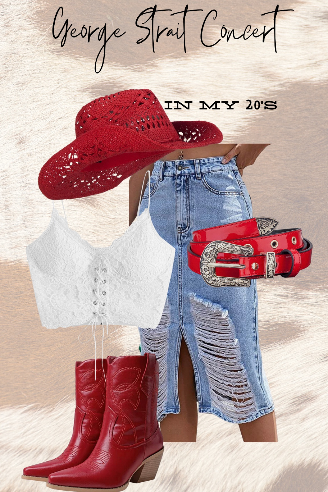 George strait, Amazon concert outfit, Inspo idea, red cowboy hat, denim, midi skirt, white corset, crop top, red western style belt, red cowboy booty boot

#LTKunder50 #LTKshoecrush #LTKunder100