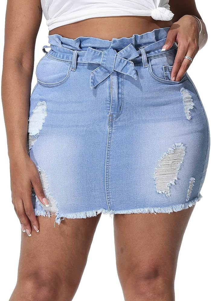 ALLEGRACE Plus Size Denim Mini Skirt for Women A-line Distressed Self Tie Short Jean Skirts | Amazon (US)