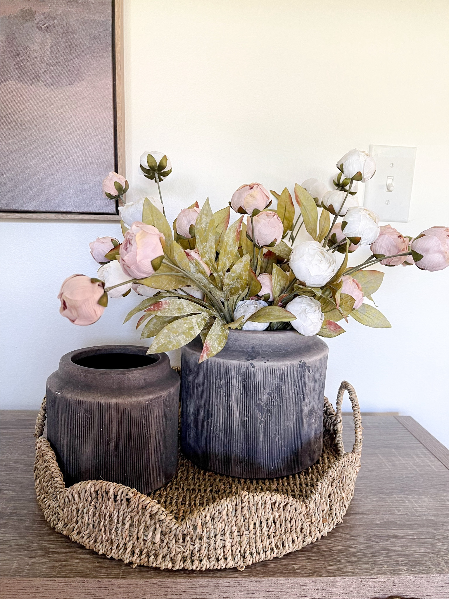 Michaels viral peonies. Walmart viral planters. Scalloped wicker tray. Tray styling. Home decor. Spring flowers. 

#LTKHome #LTKSaleAlert #LTKGiftGuide