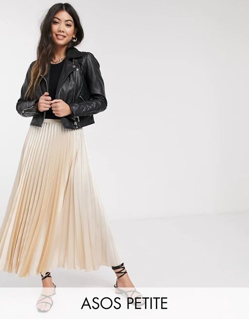 ASOS DESIGN Petite satin pleated midi skirt in bone | ASOS (Global)