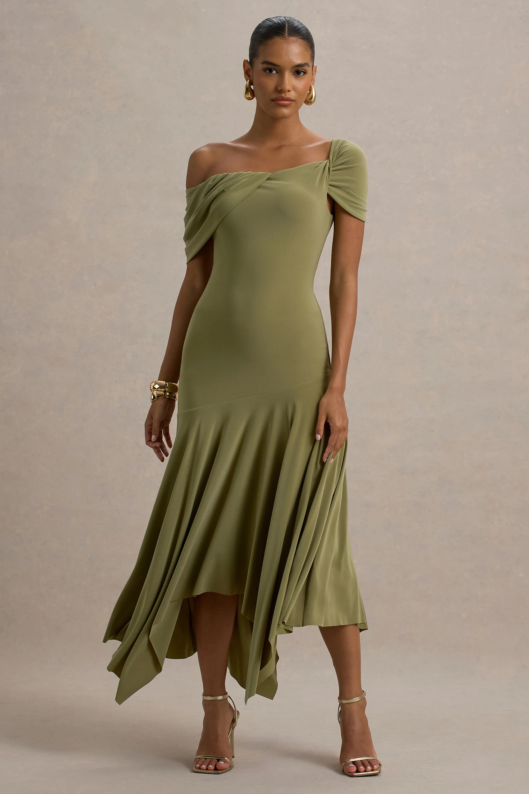 Castor | Olive Asymmetric Midi Dress | Club L London