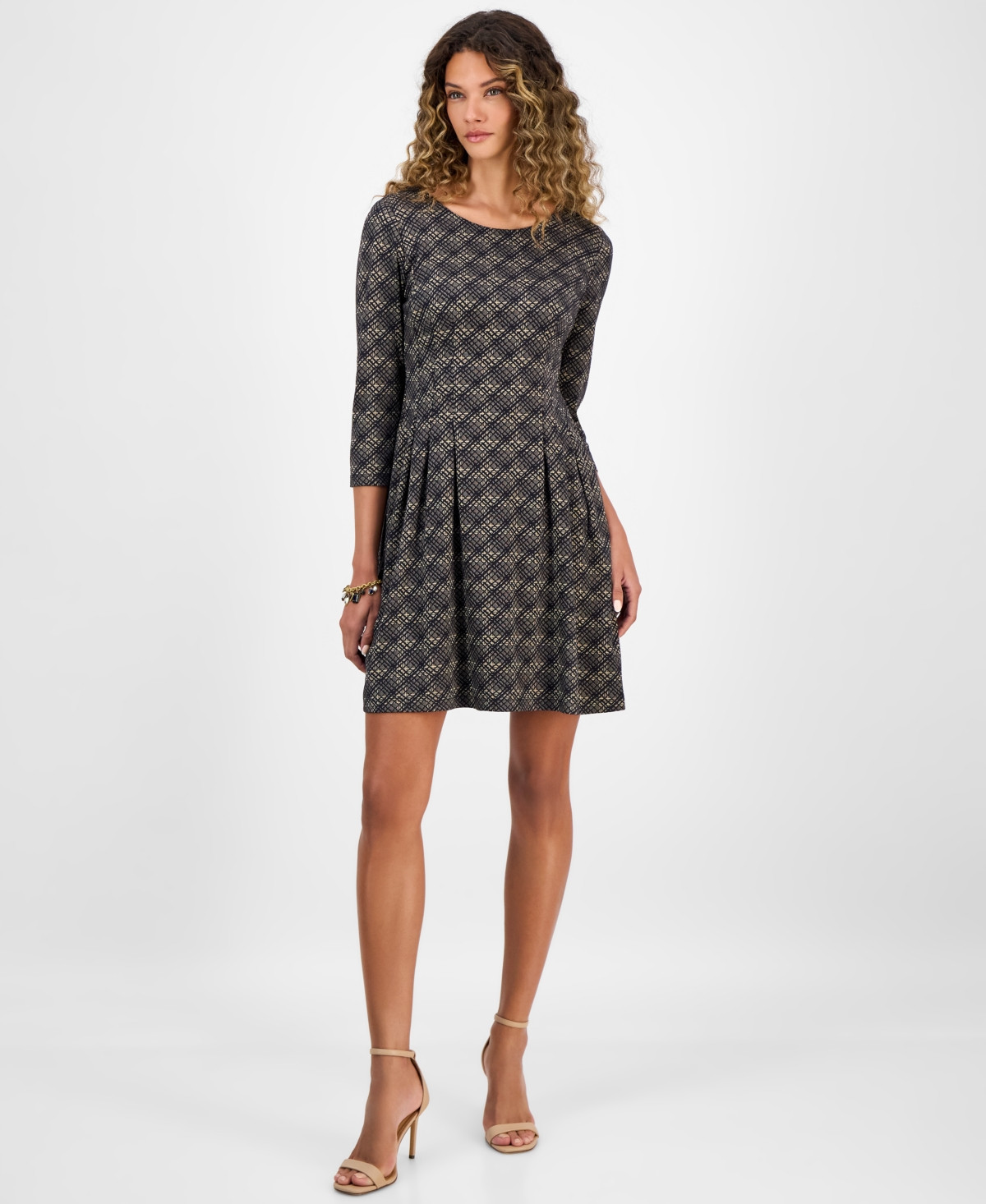 Connected Women's Printed Round-Neck Fit & Flare Dress - Neutral | Macy's