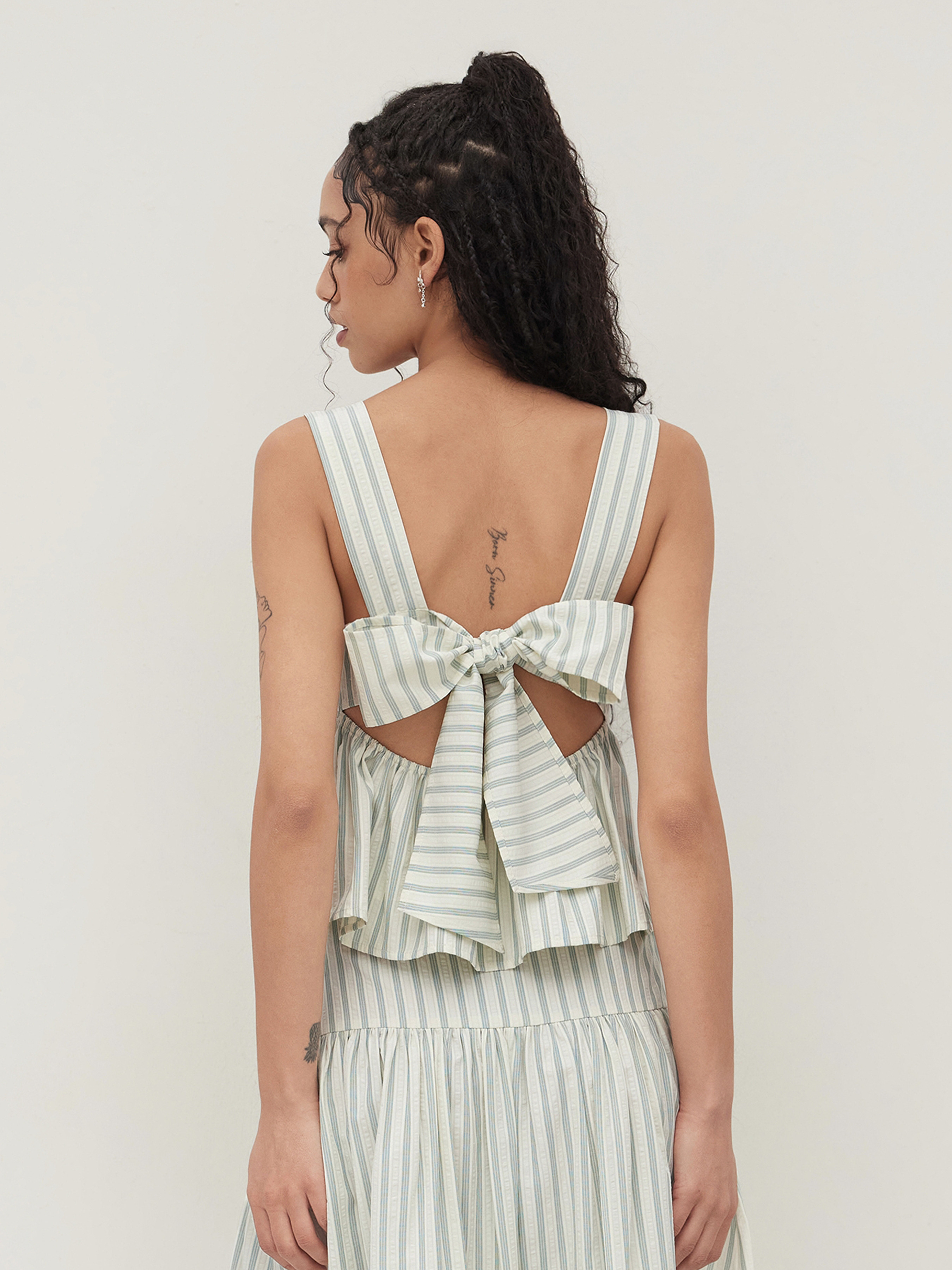 Woven Cotton-blend Striped Bow Ruffle Cami Top For School Daily Casual Vacation | Cider