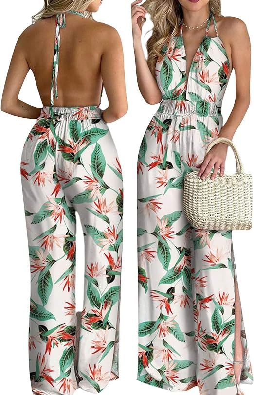 Womens Sexy Floral Romper Jumpsuit Pants Deep V Neck Halter Sleeveless Backless Top Split Bottom ... | Amazon (US)