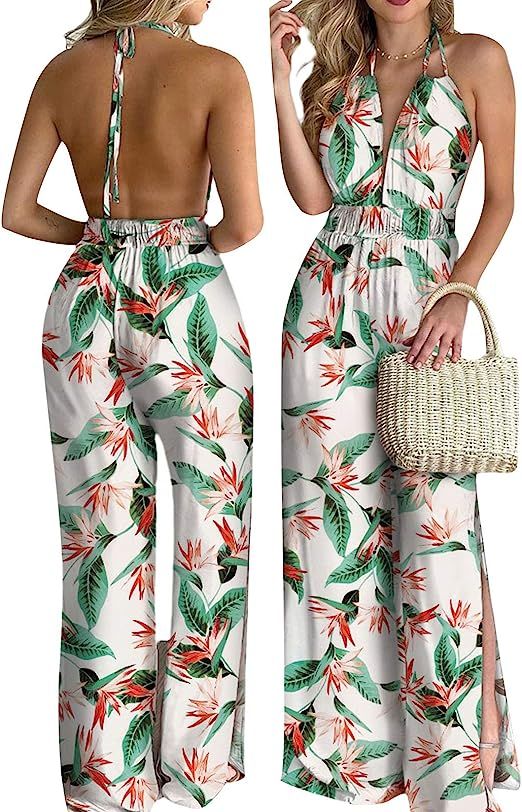 Womens Sexy Floral Romper Jumpsuit Pants Deep V Neck Halter Sleeveless Backless Top Split Bottom ... | Amazon (US)