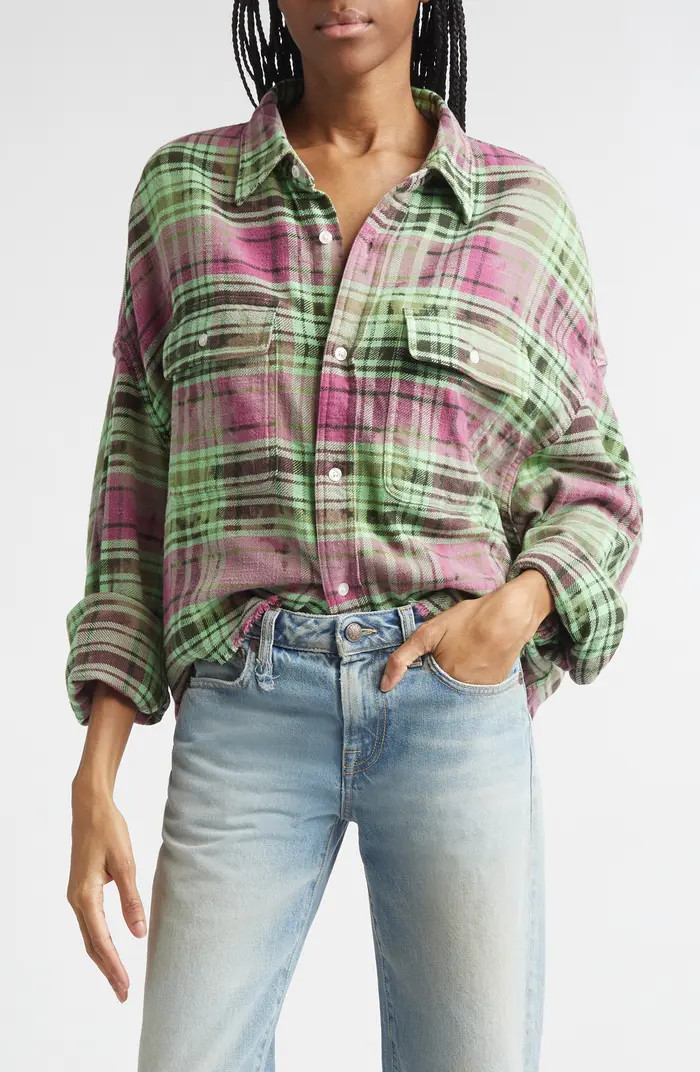 Oversize Fray Hem Plaid Button-Up Crop Work Shirt | Nordstrom