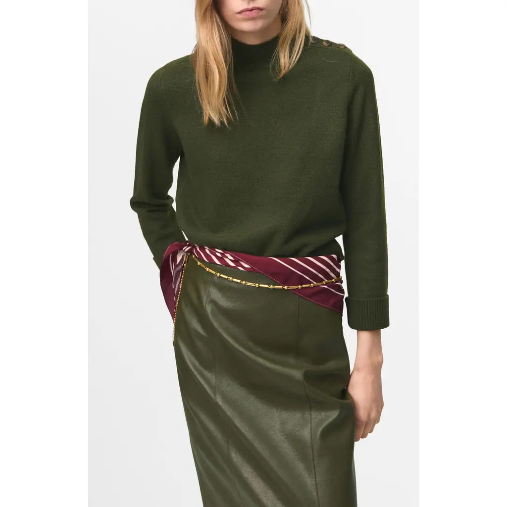 MANGO Shoulder Button Mock Neck Sweater in Khaki Green at Nordstrom, Size Small | Nordstrom