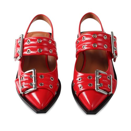 iiimmu Red Flats Buckle Shoes Women Pointed Toe Slingback Flats for Women with Wide Welt Buckle, Size 6.5 | Amazon (US)