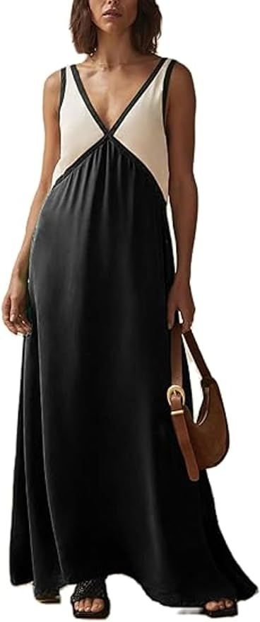 Aesthetic Dress Satin Dress Beach Dress Summer Dress Sleeveless Maxi Dress V Neck Color Block Dre... | Amazon (US)