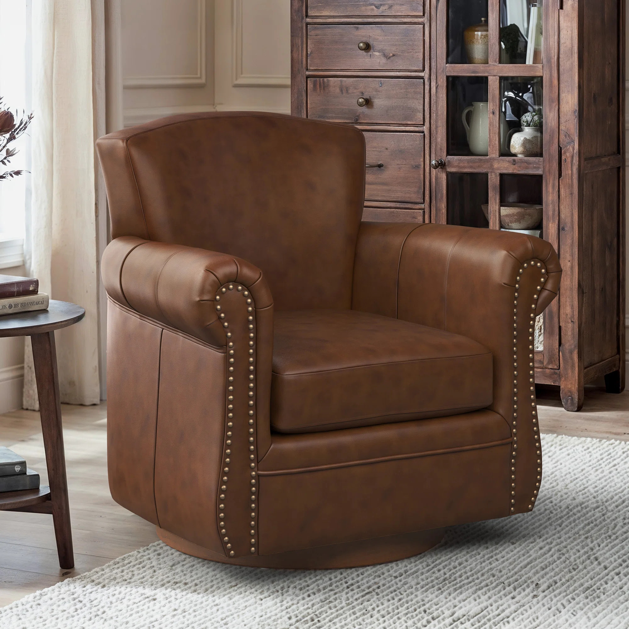 Opal Wingback Genuine Leather Swivel Chair With Solid Wood Base, Rolled Arm Accent Chair | Wayfair North America